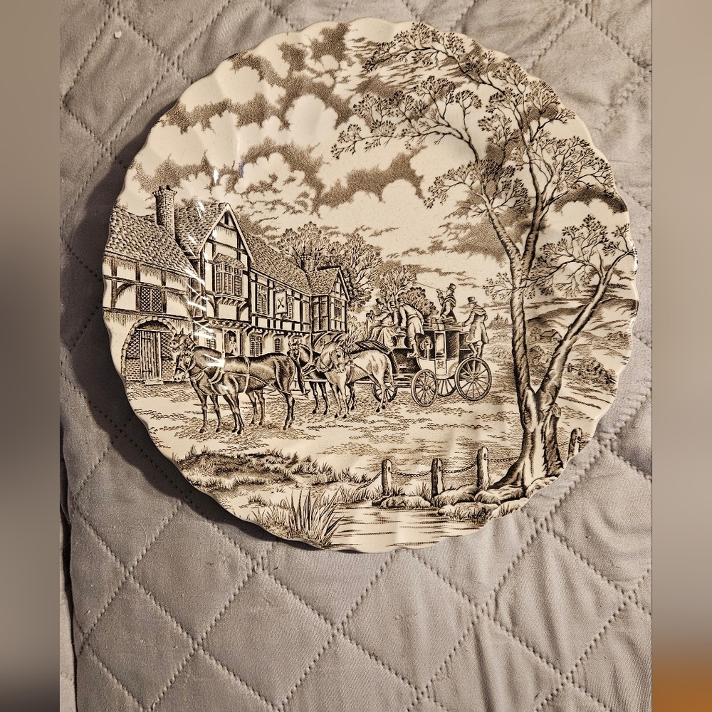 Cream and Brown Ceramic Art Plate with Architectural Scene